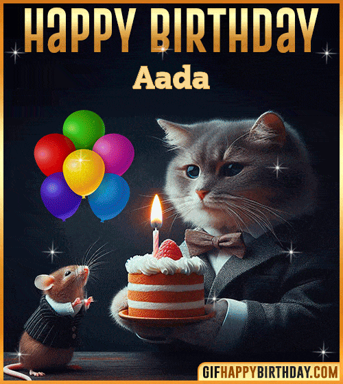 Happy Birthday Cat and Mouse Funny gif for Aada