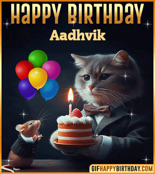 Happy Birthday Cat and Mouse Funny gif for Aadhvik