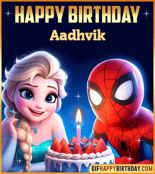 Happy Birthday Gif with Spiderman and Frozen Cake for Aadhvik
