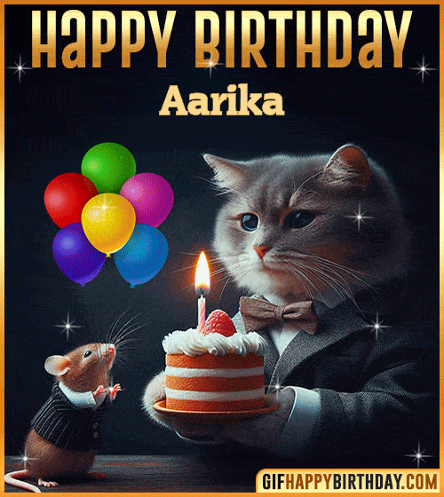 Happy Birthday Cat and Mouse Funny gif for Aarika