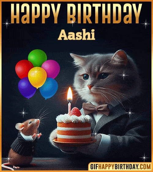 Happy Birthday Cat and Mouse Funny gif for Aashi