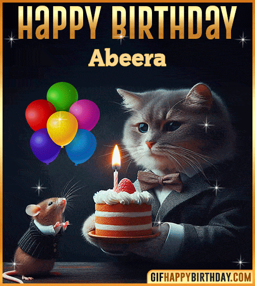 Happy Birthday Cat and Mouse Funny gif for Abeera
