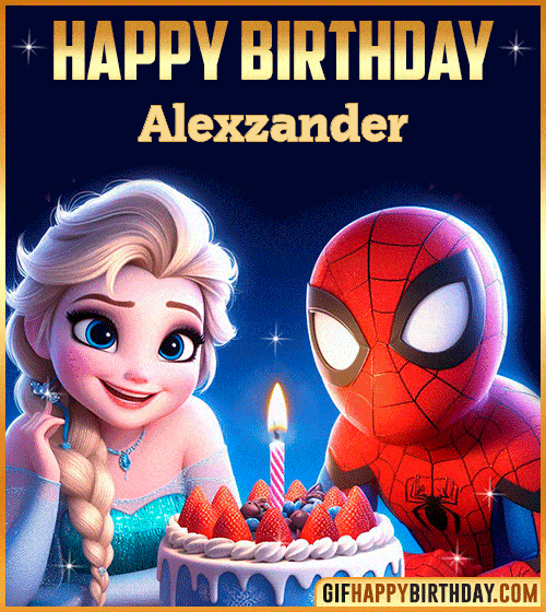 Happy Birthday Gif with Spiderman and Frozen Cake for Alexzander