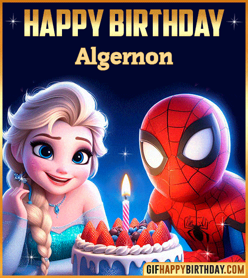 Happy Birthday Gif with Spiderman and Frozen Cake for Algernon