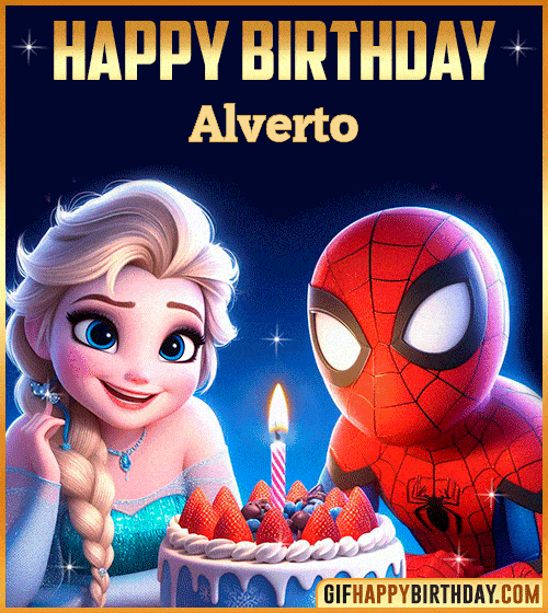Happy Birthday Gif with Spiderman and Frozen Cake for Alverto