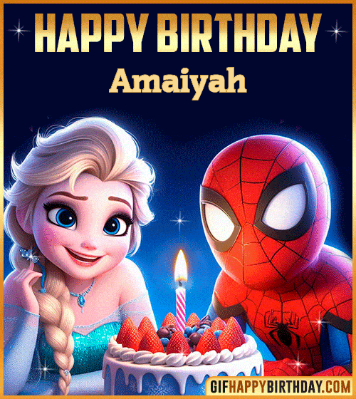 Happy Birthday Gif with Spiderman and Frozen Cake for Amaiyah