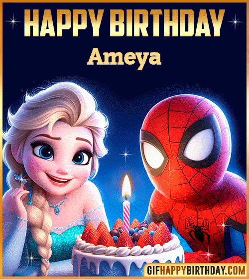 Happy Birthday Gif with Spiderman and Frozen Cake for Ameya