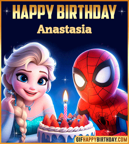 Happy Birthday Gif with Spiderman and Frozen Cake for Anastasia