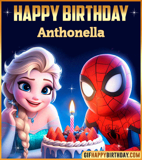 Happy Birthday Gif with Spiderman and Frozen Cake for Anthonella