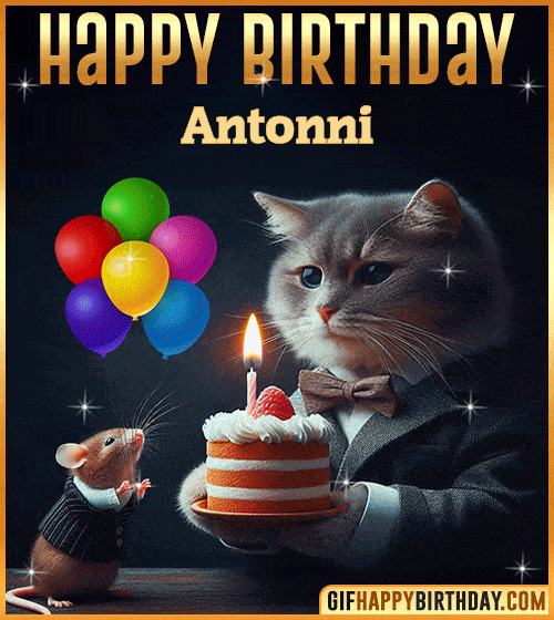 Happy Birthday Cat and Mouse Funny gif for Antonni