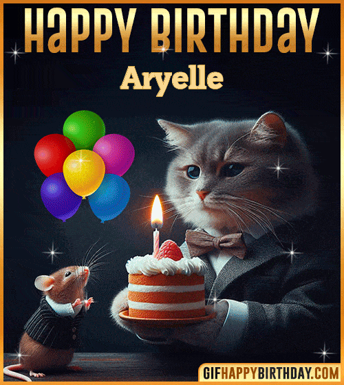 Happy Birthday Cat and Mouse Funny gif for Aryelle