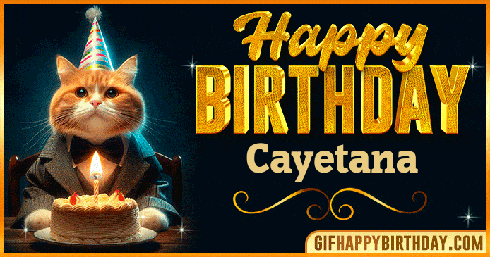 Funny Happy Birthday Cayetana GIF with a cute cat in a suit and birthday cake, a cheerful animated image to celebrate Cayetana special day
