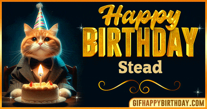 Funny Happy Birthday Stead GIF with a cute cat in a suit and birthday cake, a cheerful animated image to celebrate Stead special day