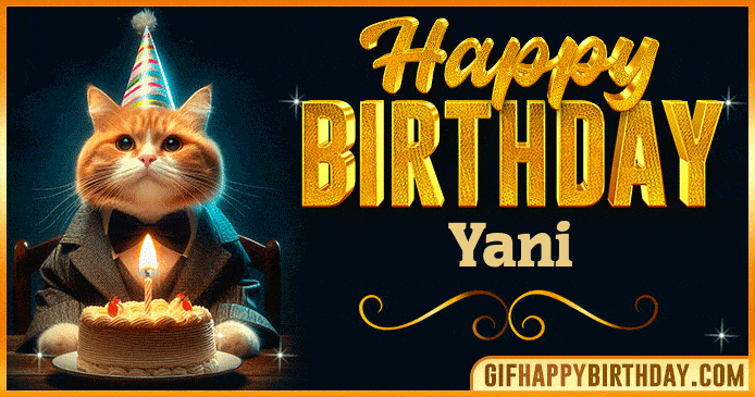 Funny Happy Birthday Yani GIF with a cute cat in a suit and birthday cake, a cheerful animated image to celebrate Yani special day